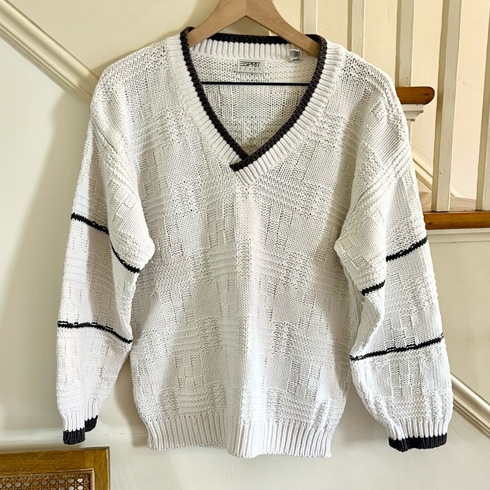 1990s Esprit White and Gray Sweater Knit Sweater